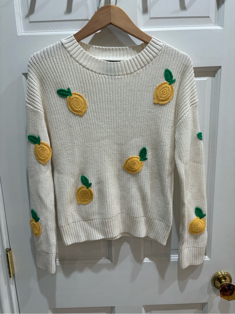 Cynthia Rowley Cream Crewneck Sweater with Yellow Lemon Appliqués